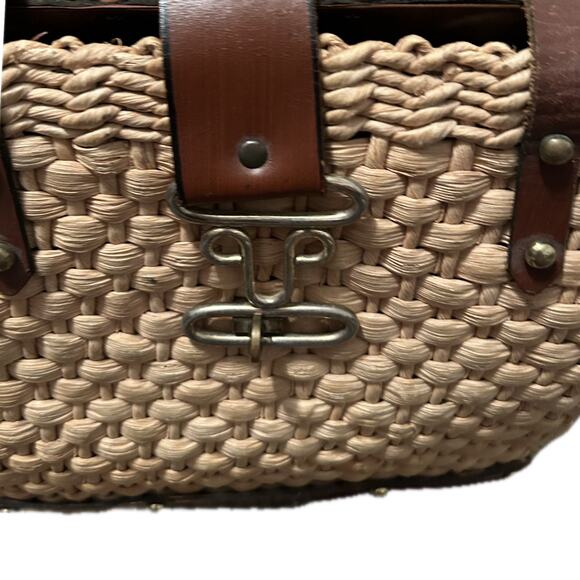 1960s Wicker Woven Handbag Top Handle Leather Strap Purse by Burlington * - Picture 2 of 5